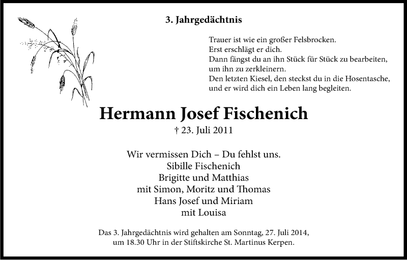  Traueranzeige für Hermann-Josef Fischenich vom 26.07.2014 aus Kölner Stadt-Anzeiger / Kölnische Rundschau / Express