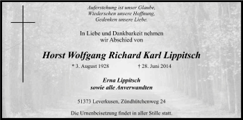 Anzeige von Horst Wolfgang Richard Karl Lippitsch von Kölner Stadt-Anzeiger / Kölnische Rundschau / Express