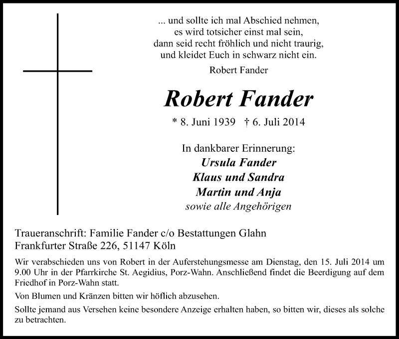  Traueranzeige für Robert Fander vom 12.07.2014 aus Kölner Stadt-Anzeiger / Kölnische Rundschau / Express