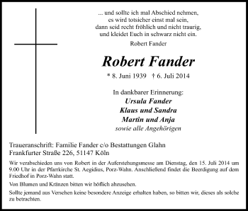 Anzeige von Robert Fander von Kölner Stadt-Anzeiger / Kölnische Rundschau / Express