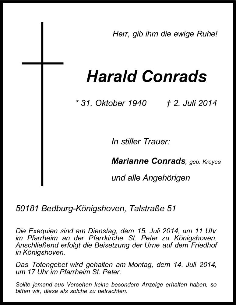  Traueranzeige für Harald Conrads vom 09.07.2014 aus Kölner Stadt-Anzeiger / Kölnische Rundschau / Express
