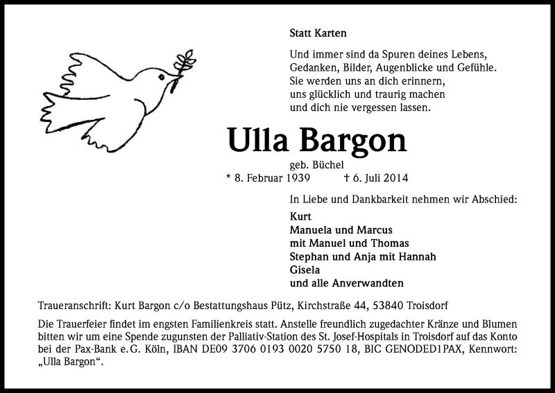  Traueranzeige für Ulla Bargon vom 12.07.2014 aus Kölner Stadt-Anzeiger / Kölnische Rundschau / Express