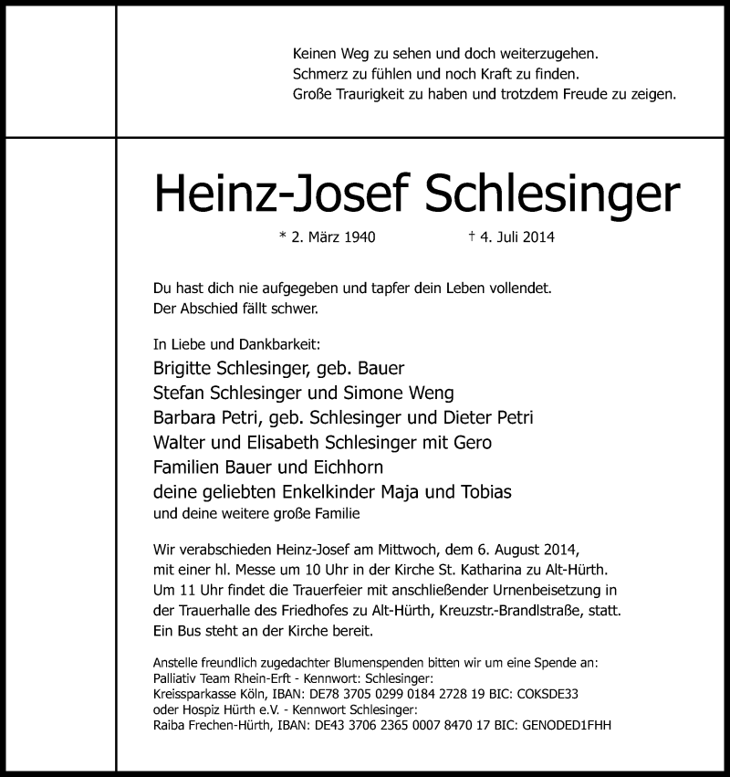  Traueranzeige für Heinz-Josef SChlesinger vom 26.07.2014 aus Kölner Stadt-Anzeiger / Kölnische Rundschau / Express