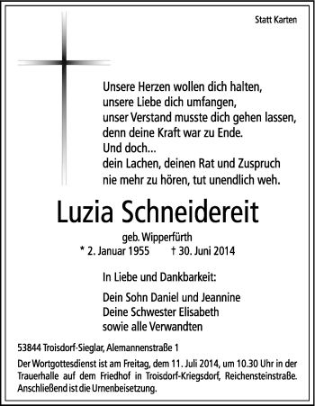 Anzeige von Luzia Schneidereit von Kölner Stadt-Anzeiger / Kölnische Rundschau / Express