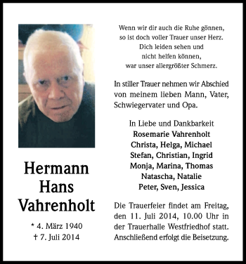 Anzeige von Hermann Hans Vahrenholt von Kölner Stadt-Anzeiger / Kölnische Rundschau / Express