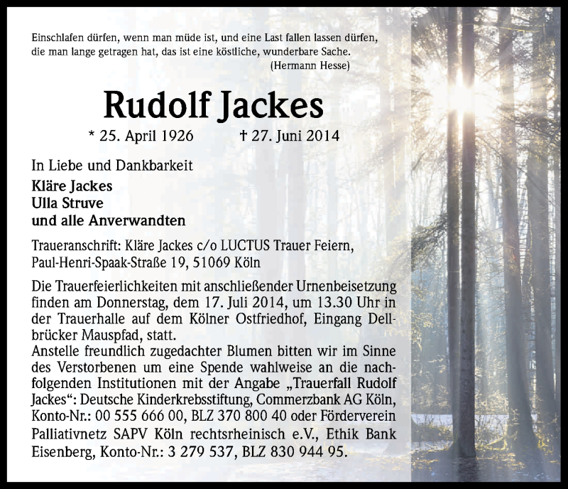  Traueranzeige für Rudolf Jackes vom 12.07.2014 aus Kölner Stadt-Anzeiger / Kölnische Rundschau / Express
