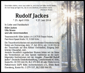 Anzeige von Rudolf Jackes von Kölner Stadt-Anzeiger / Kölnische Rundschau / Express