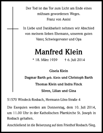 Anzeige von Manfred Klein von Kölner Stadt-Anzeiger / Kölnische Rundschau / Express