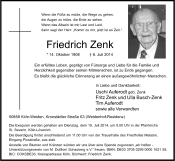 Anzeige von Friedrich Zenk von Kölner Stadt-Anzeiger / Kölnische Rundschau / Express