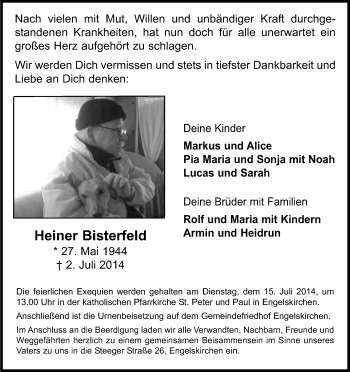 Anzeige von Heiner Bisterfeld von Kölner Stadt-Anzeiger / Kölnische Rundschau / Express