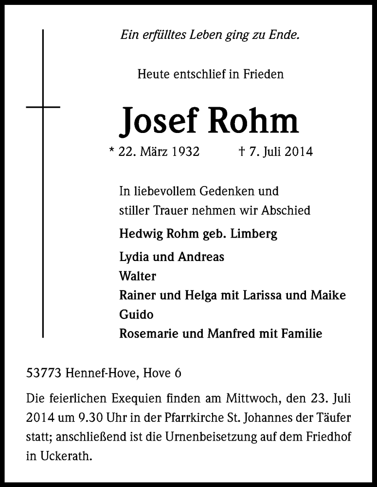  Traueranzeige für Josef Rohm vom 10.07.2014 aus Kölner Stadt-Anzeiger / Kölnische Rundschau / Express