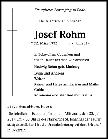 Anzeige von Josef Rohm von Kölner Stadt-Anzeiger / Kölnische Rundschau / Express