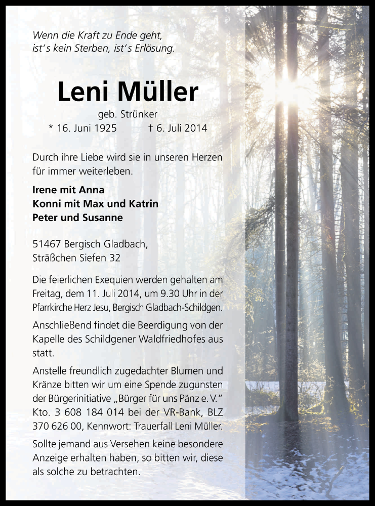  Traueranzeige für Leni Müller vom 09.07.2014 aus Kölner Stadt-Anzeiger / Kölnische Rundschau / Express