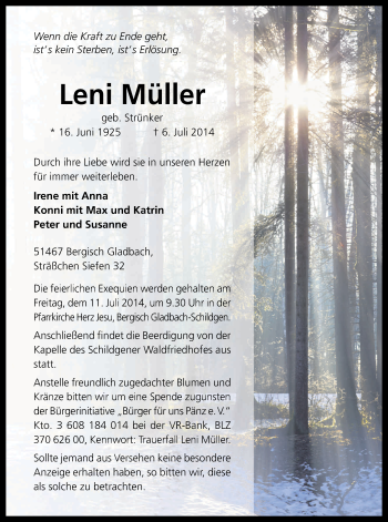 Anzeige von Leni Müller von Kölner Stadt-Anzeiger / Kölnische Rundschau / Express