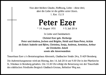 Anzeige von Peter Ezer von Kölner Stadt-Anzeiger / Kölnische Rundschau / Express