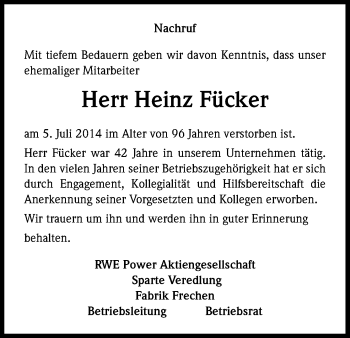Anzeige von Heinz Fücker von Kölner Stadt-Anzeiger / Kölnische Rundschau / Express