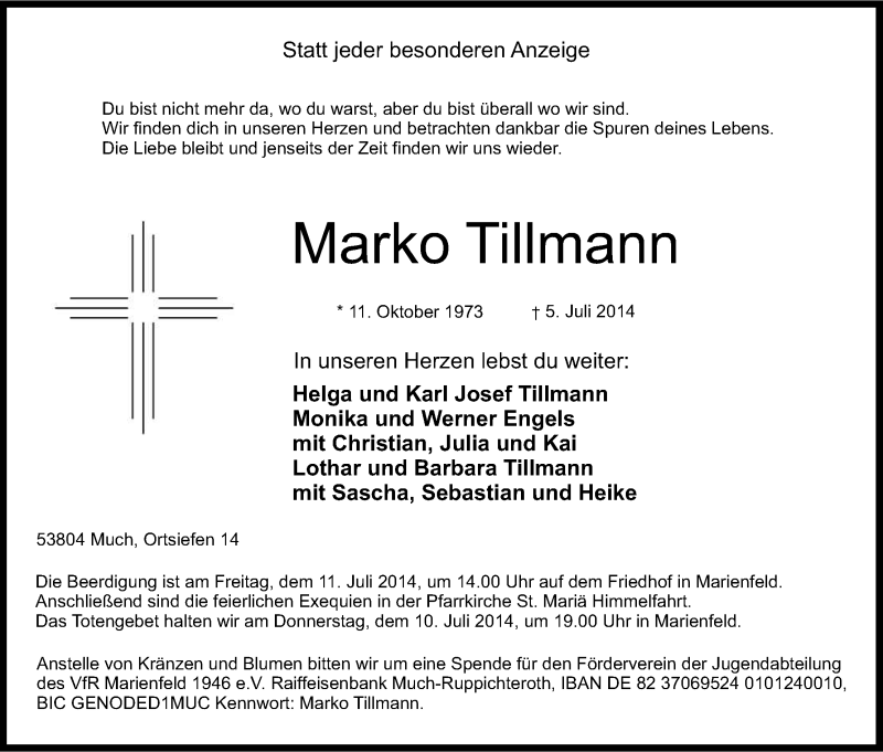  Traueranzeige für Marko Tillmann vom 09.07.2014 aus Kölner Stadt-Anzeiger / Kölnische Rundschau / Express