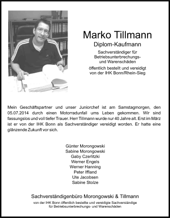 Anzeige von Marko Tillmann von Kölner Stadt-Anzeiger / Kölnische Rundschau / Express