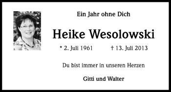 Anzeige von Heike Wesolowski von Kölner Stadt-Anzeiger / Kölnische Rundschau / Express