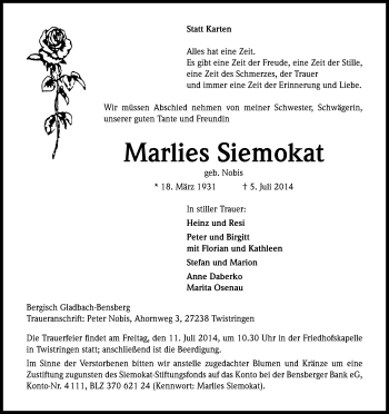 Anzeige von Marlies Siemokat von Kölner Stadt-Anzeiger / Kölnische Rundschau / Express