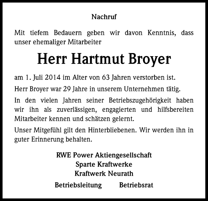  Traueranzeige für Hartmut Broyer vom 14.07.2014 aus Kölner Stadt-Anzeiger / Kölnische Rundschau / Express