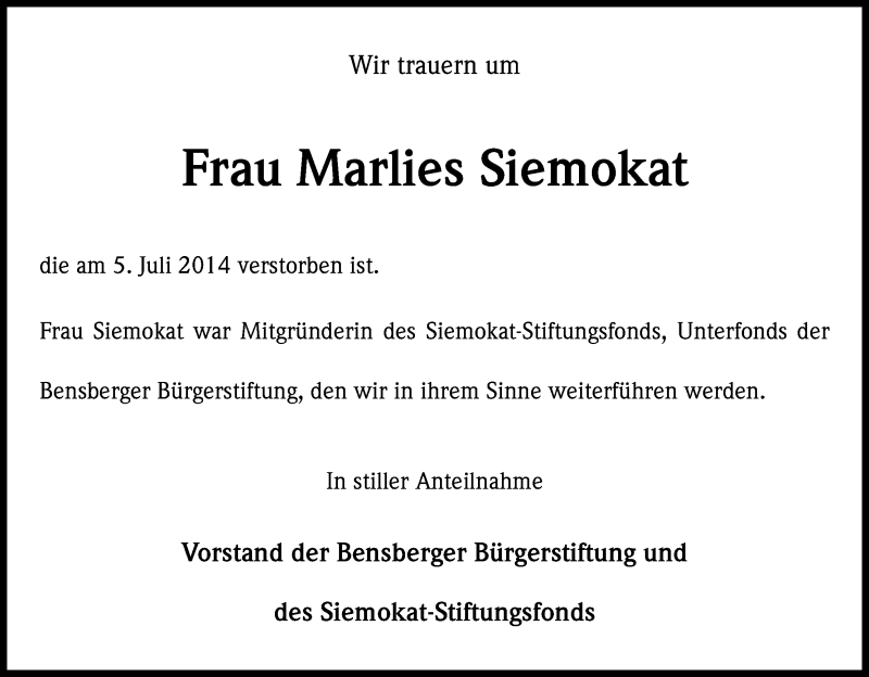  Traueranzeige für Marlies Siemokat vom 09.07.2014 aus Kölner Stadt-Anzeiger / Kölnische Rundschau / Express