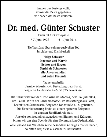 Anzeige von Günter Schuster von Kölner Stadt-Anzeiger / Kölnische Rundschau / Express