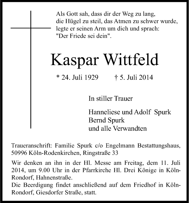  Traueranzeige für Kaspar Wittfeld vom 10.07.2014 aus Kölner Stadt-Anzeiger / Kölnische Rundschau / Express