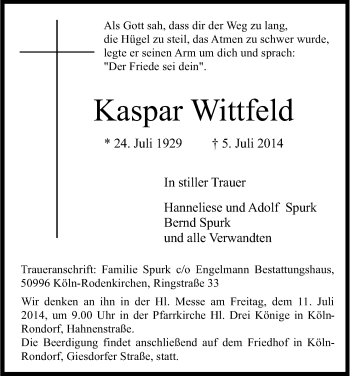Anzeige von Kaspar Wittfeld von Kölner Stadt-Anzeiger / Kölnische Rundschau / Express
