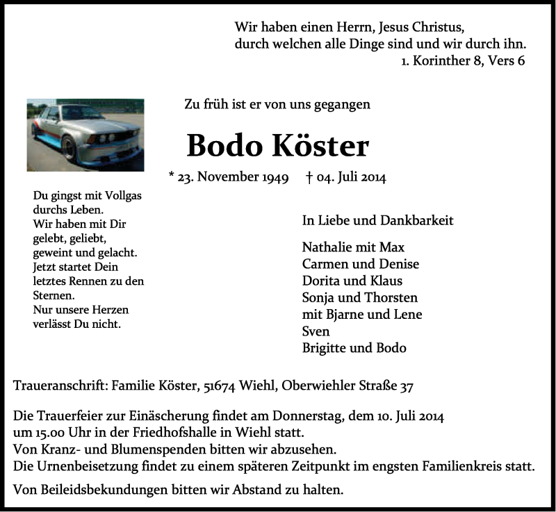  Traueranzeige für Bodo Köster vom 09.07.2014 aus Kölner Stadt-Anzeiger / Kölnische Rundschau / Express