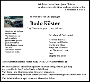 Anzeige von Bodo Köster von Kölner Stadt-Anzeiger / Kölnische Rundschau / Express