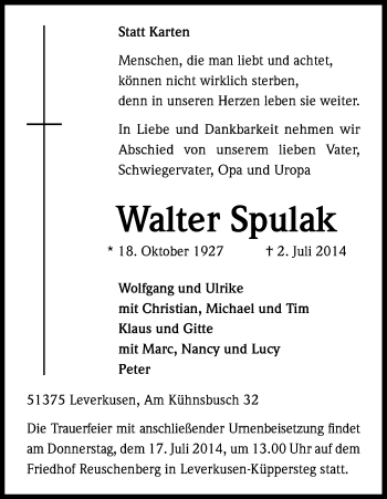 Anzeige von Walter Spulak von Kölner Stadt-Anzeiger / Kölnische Rundschau / Express