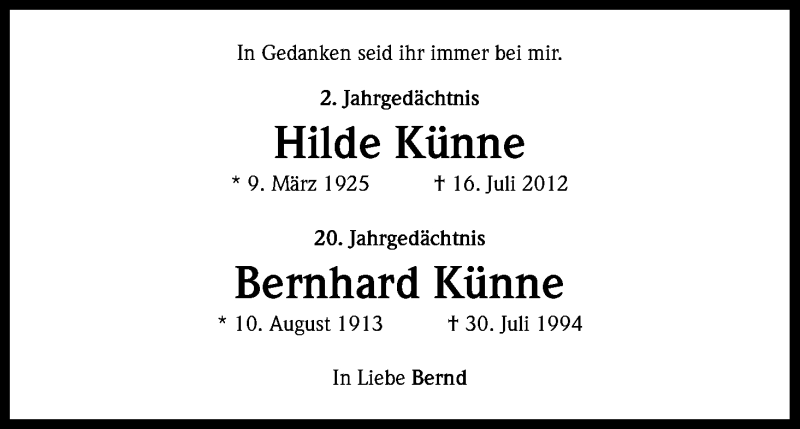  Traueranzeige für Hilde und Bernhard Künne vom 30.07.2014 aus Kölner Stadt-Anzeiger / Kölnische Rundschau / Express