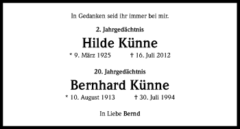 Anzeige von Hilde und Bernhard Künne von Kölner Stadt-Anzeiger / Kölnische Rundschau / Express