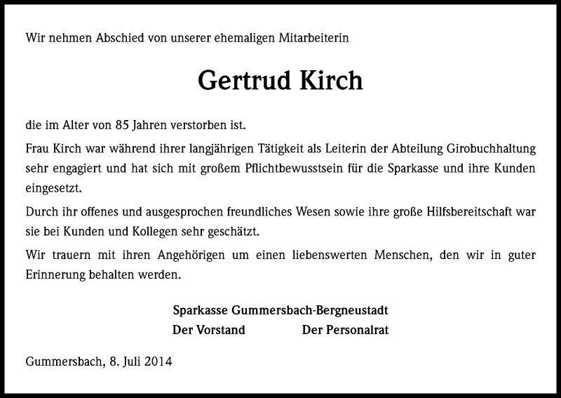  Traueranzeige für Gertrud Kirch vom 09.07.2014 aus Kölner Stadt-Anzeiger / Kölnische Rundschau / Express