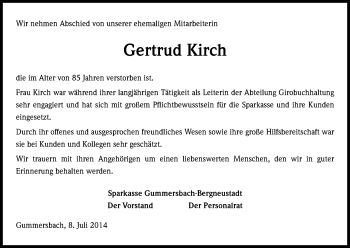 Anzeige von Gertrud Kirch von Kölner Stadt-Anzeiger / Kölnische Rundschau / Express