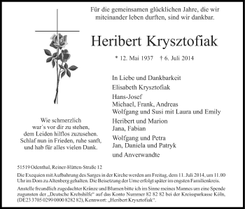 Anzeige von Heribert Krysztofiak von Kölner Stadt-Anzeiger / Kölnische Rundschau / Express