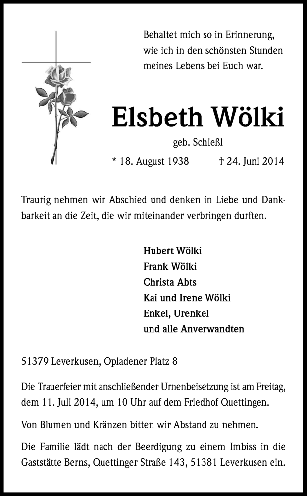  Traueranzeige für Elsbeth Wölki vom 09.07.2014 aus Kölner Stadt-Anzeiger / Kölnische Rundschau / Express