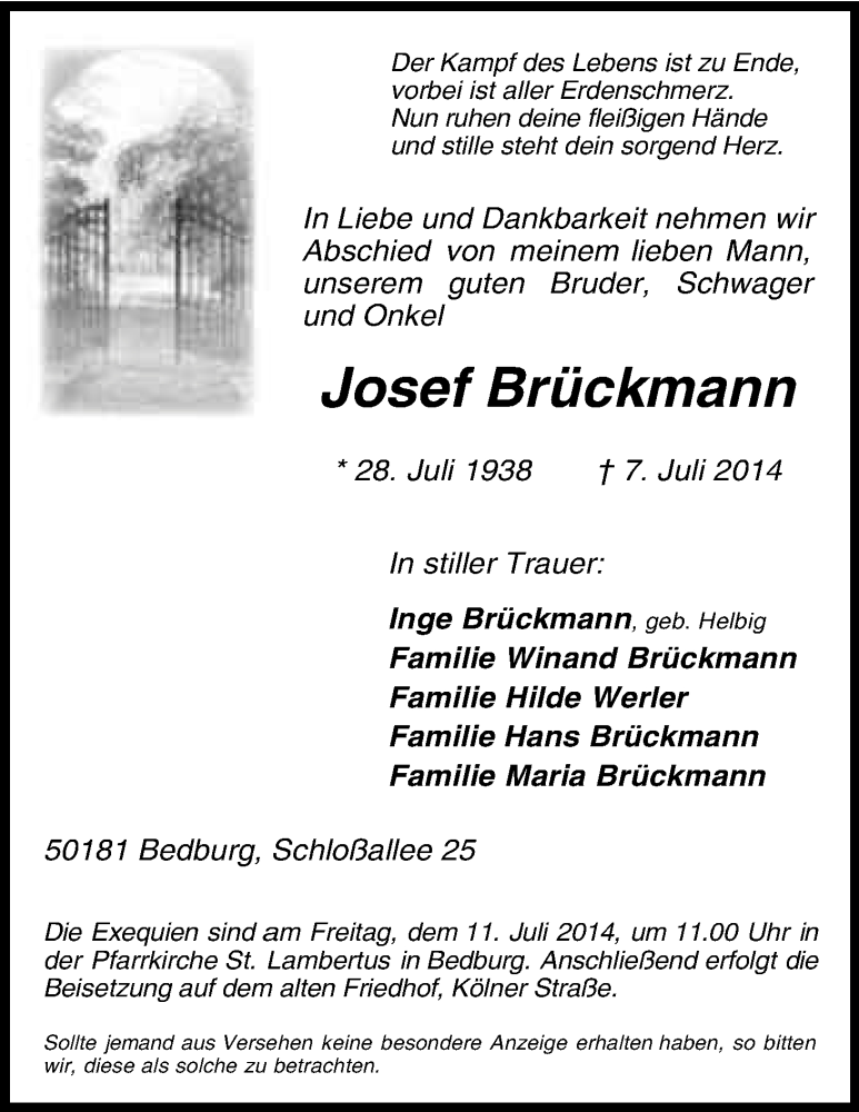 Traueranzeige für Josef Brückmann vom 09.07.2014 aus Kölner Stadt-Anzeiger / Kölnische Rundschau / Express