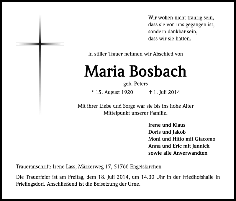  Traueranzeige für Maria Bosbach vom 09.07.2014 aus Kölner Stadt-Anzeiger / Kölnische Rundschau / Express