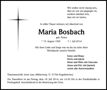 Anzeige von Maria Bosbach von Kölner Stadt-Anzeiger / Kölnische Rundschau / Express