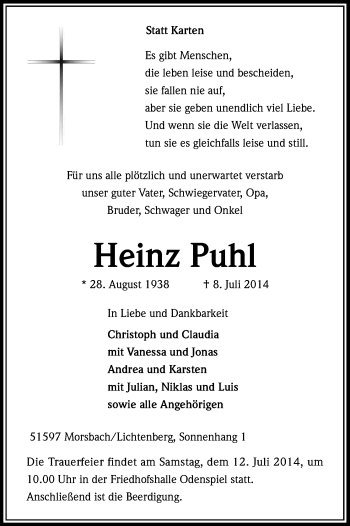 Anzeige von Heinz Puhl von Kölner Stadt-Anzeiger / Kölnische Rundschau / Express
