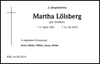 Anzeige von Martha Lölsberg von Kölner Stadt-Anzeiger / Kölnische Rundschau / Express