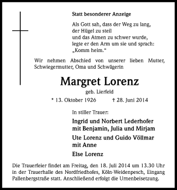 Anzeige von Margret Lorenz von Kölner Stadt-Anzeiger / Kölnische Rundschau / Express