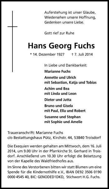 Anzeige von Hans Georg Fuchs von Kölner Stadt-Anzeiger / Kölnische Rundschau / Express