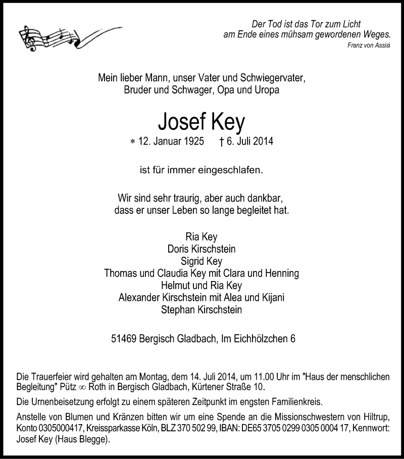 Anzeige Von Josef Key Wirtrauern