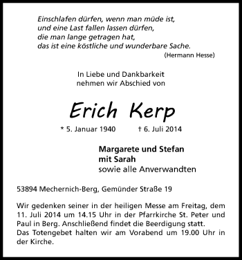 Anzeige von Erich Kerp von Kölner Stadt-Anzeiger / Kölnische Rundschau / Express