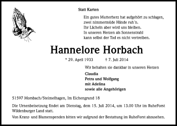 Anzeige von Hannelore Horbach von Kölner Stadt-Anzeiger / Kölnische Rundschau / Express