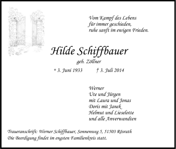 Anzeige von Hilde Schiffbauer von Kölner Stadt-Anzeiger / Kölnische Rundschau / Express