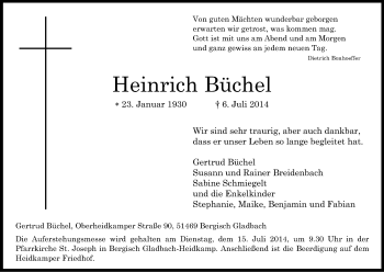 Anzeige von Heinrich Büchel von Kölner Stadt-Anzeiger / Kölnische Rundschau / Express